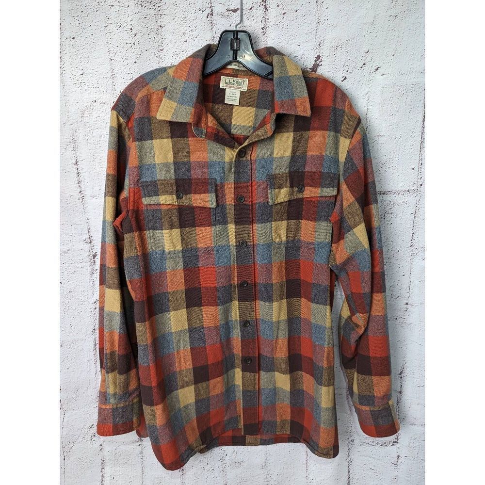 L.L. Bean Men's Chamois Plaid Shirt Traditional Fit Apple cinnamon/ orange brown